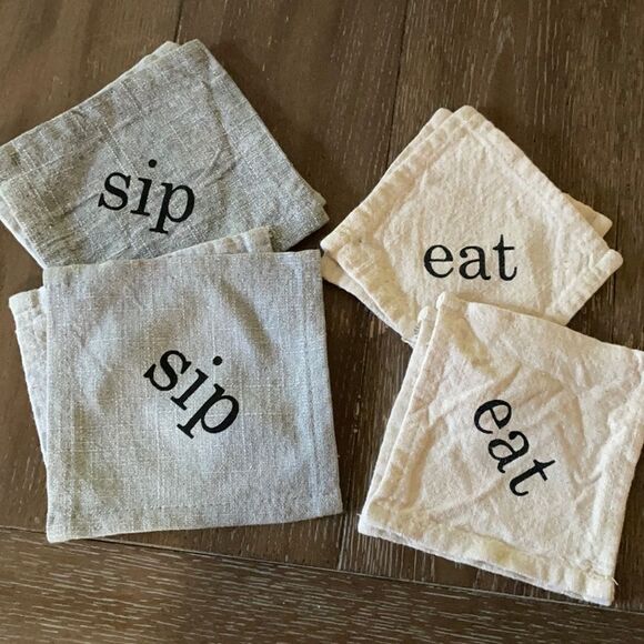 Gray and Cream Cotton Linen Sip and Eat Napkins Farmhouse Set of 8 - Picture 1 of 8